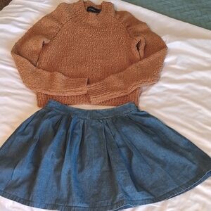 Brown Sweater and Blue Skirt Set